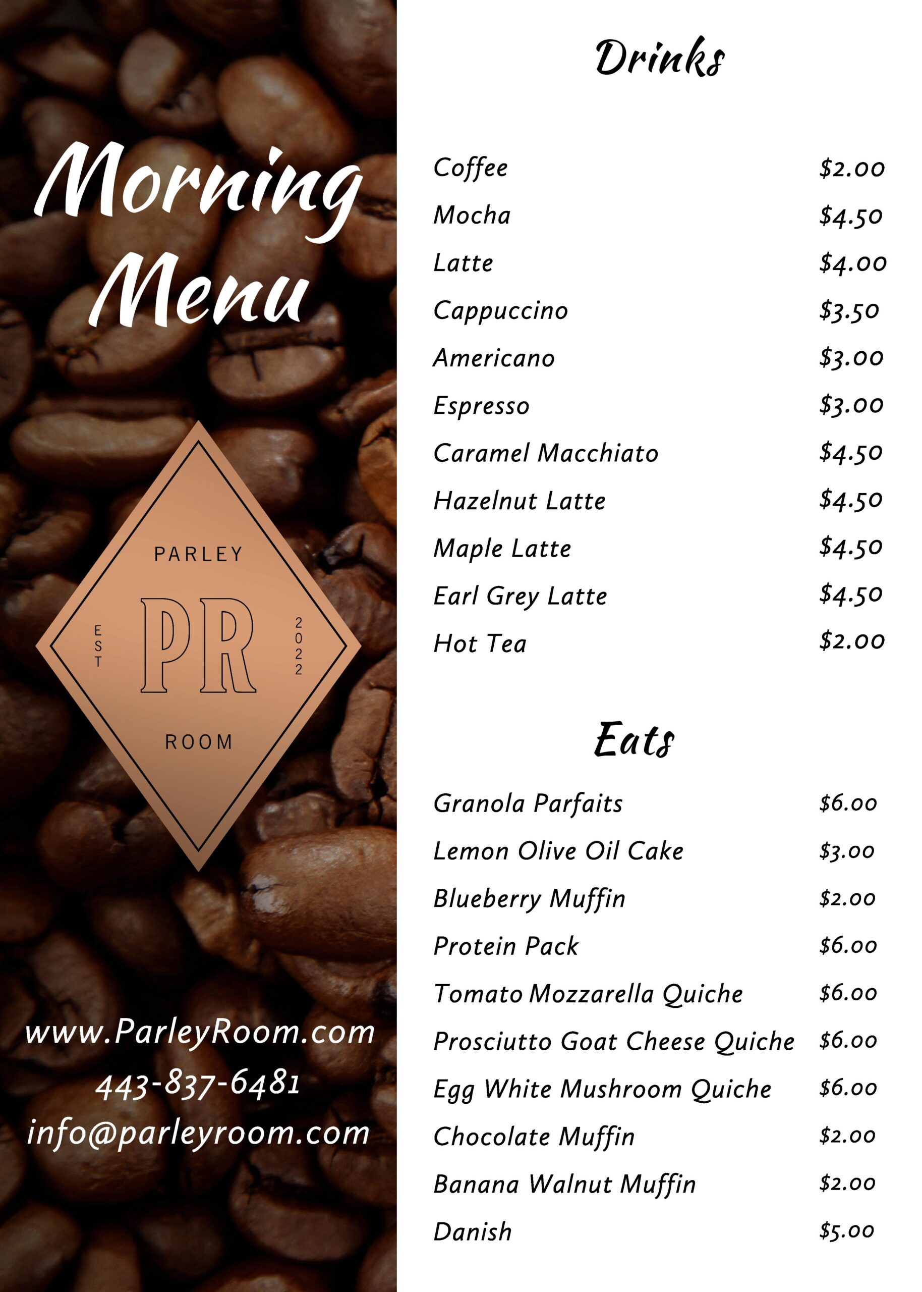 Parley Room - Coffee / Breakfastr Menu